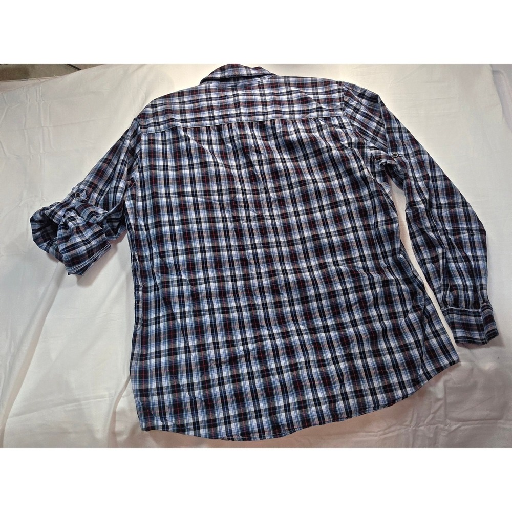 Eighty Eight Mens Large Plaid Button Down Shirt Blue Black Utility Roll Tab L - Picture 3 of 6